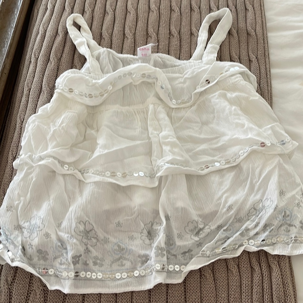girls white ruffled tank-top with sequence & floral detailing at the bottom